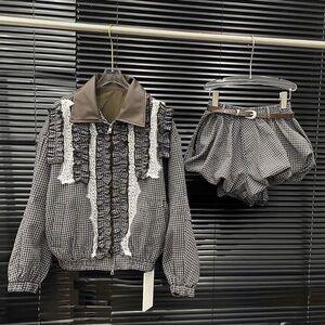 Brown and White Ruffled Jacket and Shorts Set